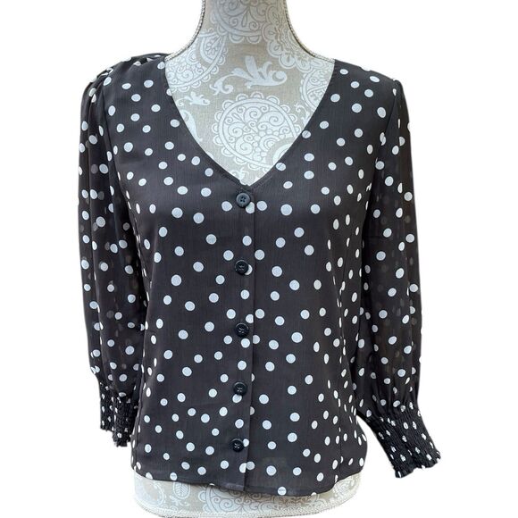 Retro Polka Dot Chiffon Button Blouse Black White Smocked Cuffs Sz 4 Retro Chic - Picture 3 of 15